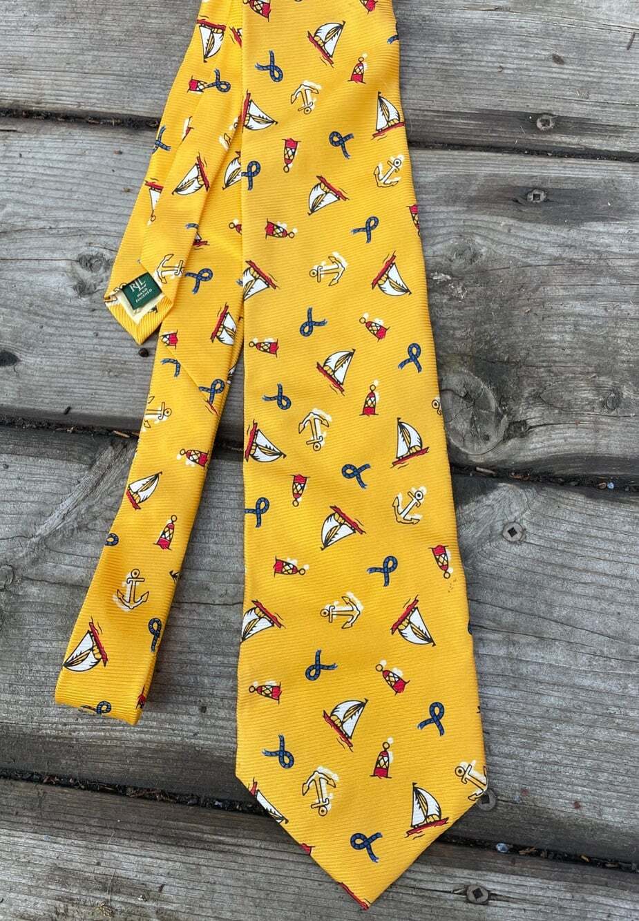 Polo Ralph Lauren Mens Silk Sailboat Nautical Necktie USA Hand Finished Yellow